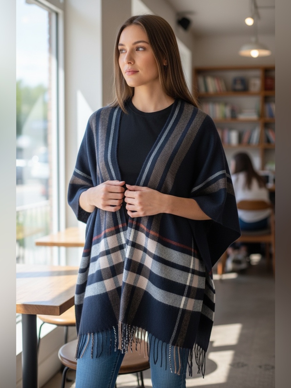 Panache Navy Plaid Poncho